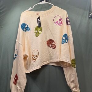 Multi Color Sequin Skull Sweatshirt Purple Pullover NYE Sparkle Medium NWT